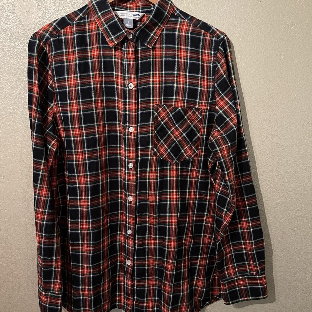 Old Navy Plaid Flannel Button Up Shirt Holiday Colors Ted Green Women's Size L